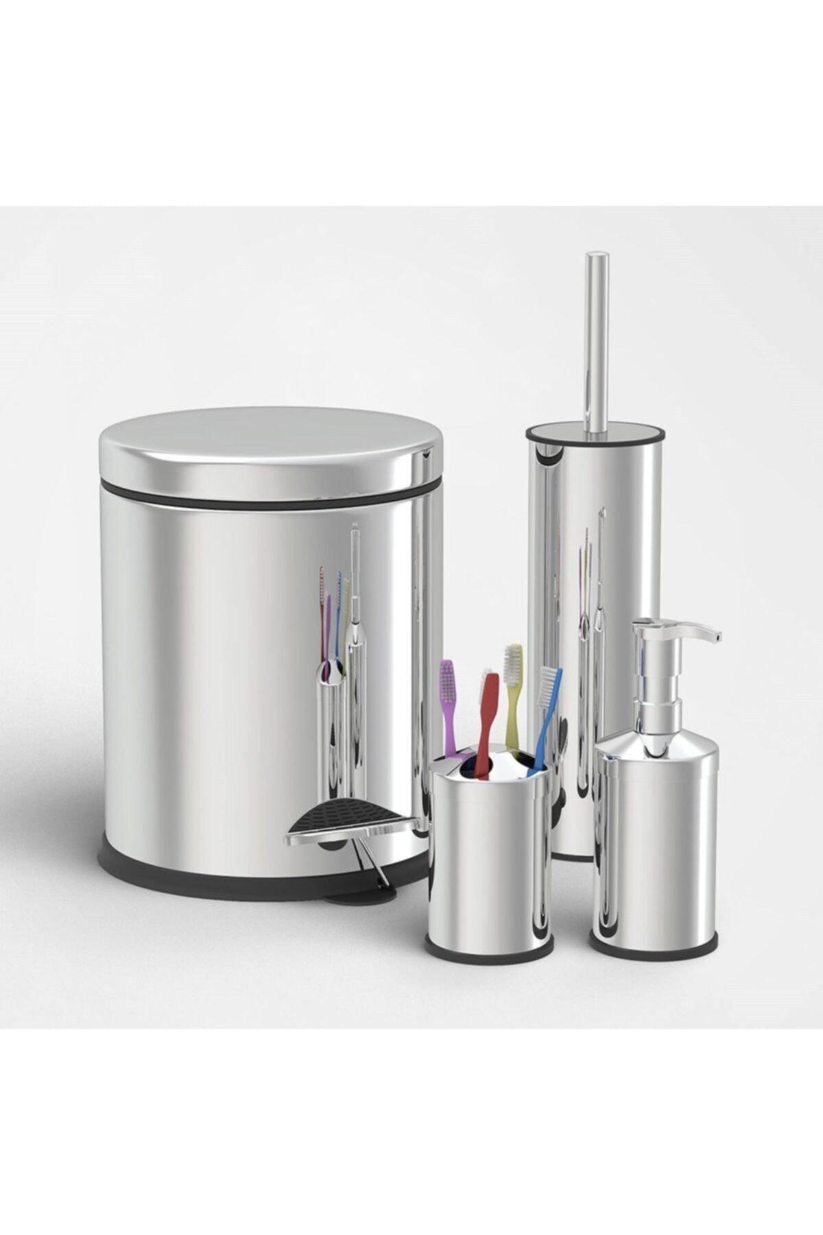 Chrome Set of 4 Dustbin Wc Toilet Brush Soap Dispenser Toothbrush Set - Swordslife