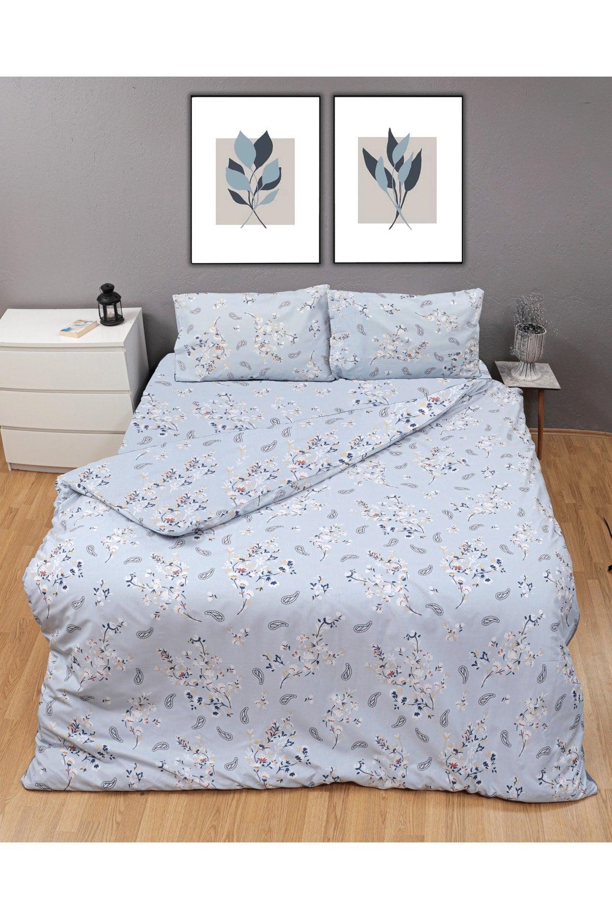 Floral Turquoise Duvet Cover Set, Cotton Ranforce Fabric, Double - Flowers - Swordslife