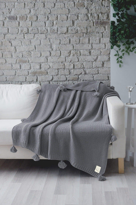 Coco Rice Knitted Pompom Knitwear TV Blanket Throw Gray - Swordslife