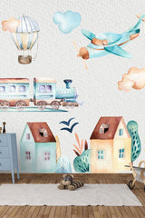 Kids Room Wall Sticker Set Airplane Train And Sweet Homes - Swordslife