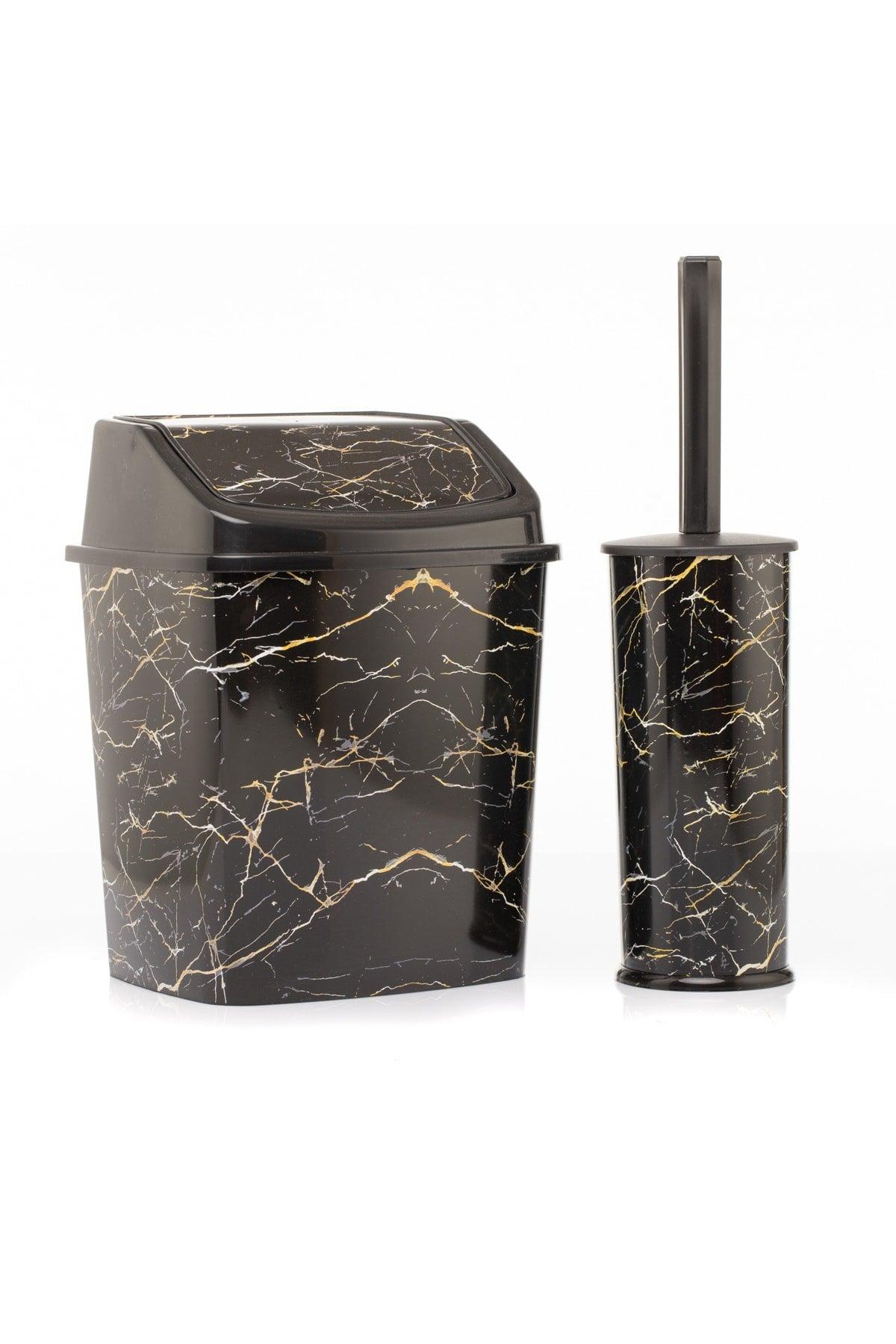 Dustbin Wc Toilet Brush Set of 2 Black Marble Patterned Odorless Set - Swordslife