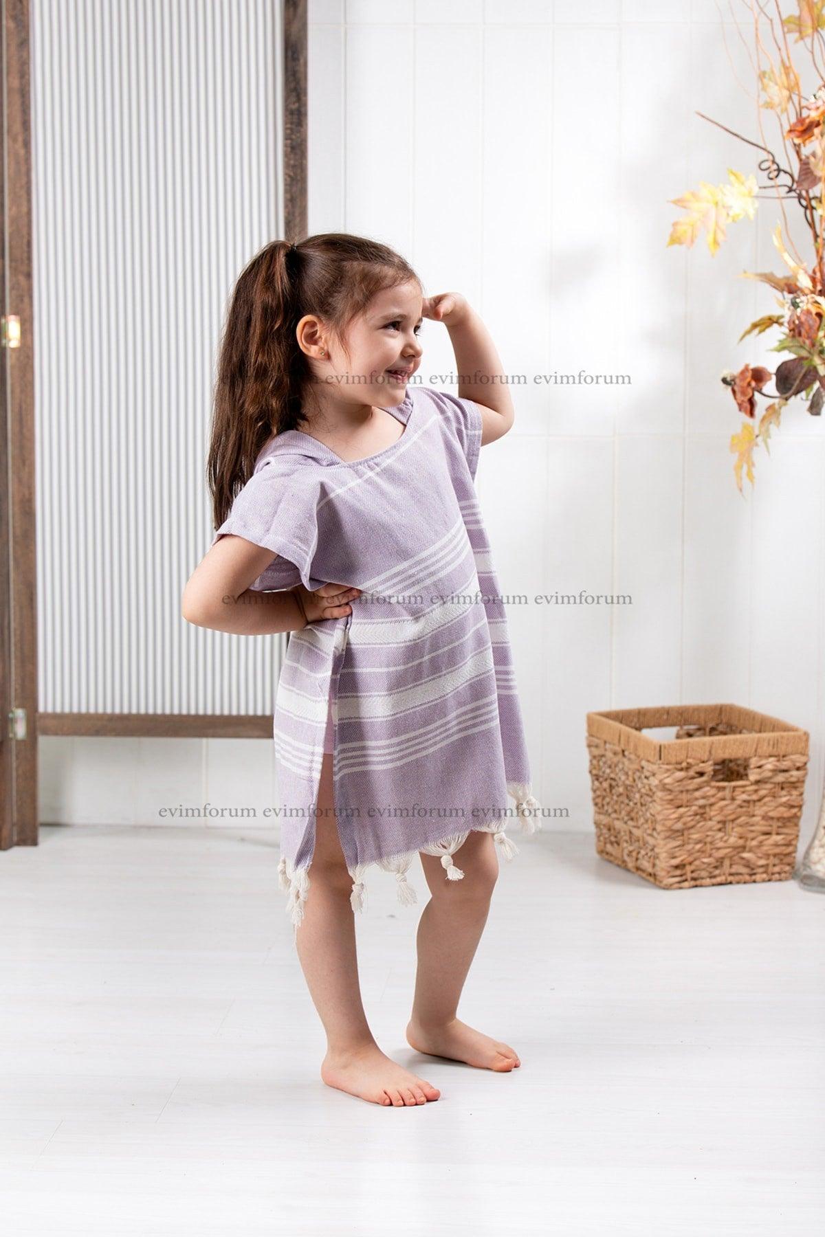 Cotton Kids Peshtemal Poncho Bathrobe Beach Towel Lilac - Swordslife