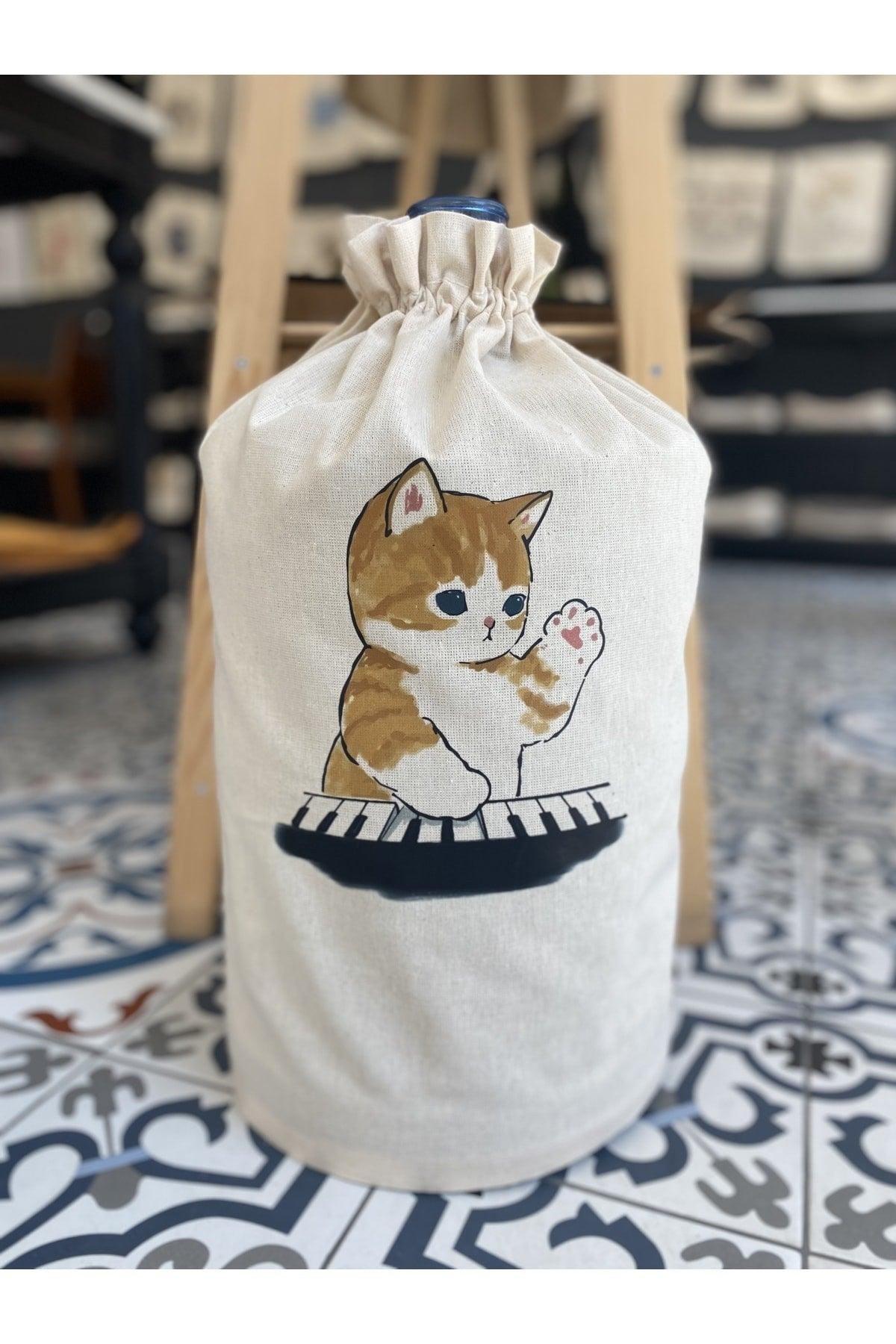 Cream Carboy Cover Piano Playing Cat Printed - Swordslife