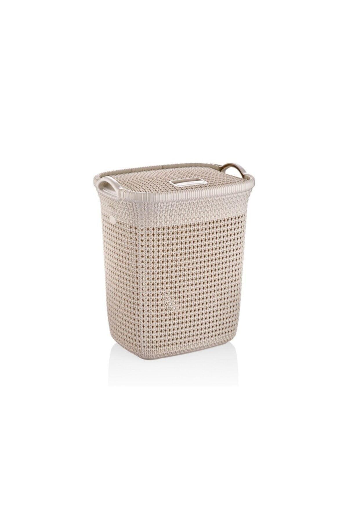 Cream Knitted Patterned 52 Liter Dirty Laundry Basket - Swordslife