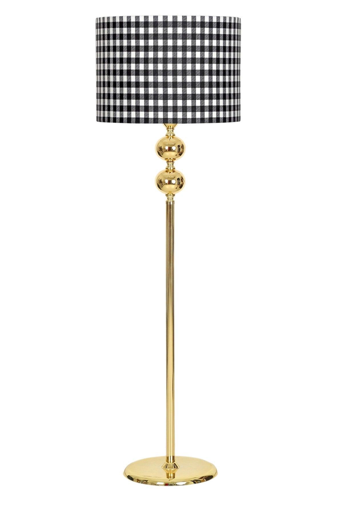 Cylinder Head Black Checker Gold Plated Double Sphere Metal Flat Single Leg Floor Lamp - Swordslife