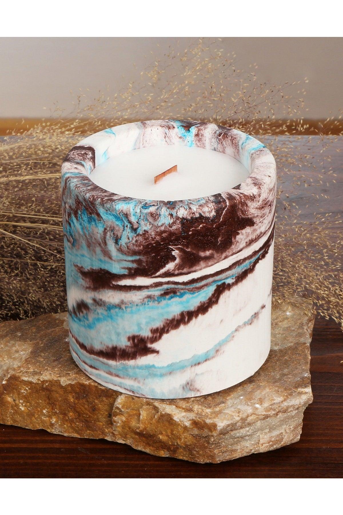 Decorative Blue-brown Marble Look Scented Concrete Candle, Soy Wax Bamboo Wick - Swordslife