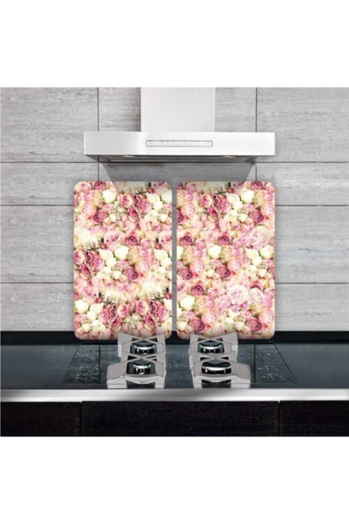 Decorative Glass Stove Protector And Cutting Board Light Pink Roses 60cm X 52cm 2 Pieces, 4 Cookers - Swordslife