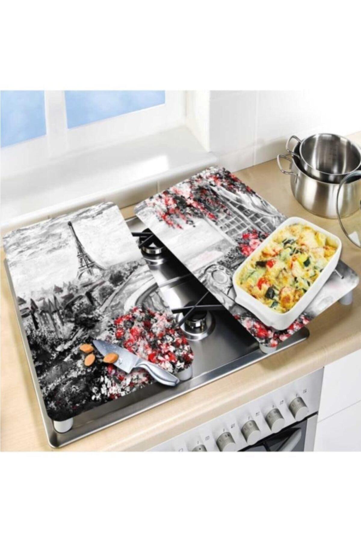 Decorative Glass Stove Protector And Cutting Board Paris 60cm X 52cm 2 Pieces, 4 Cookers - Swordslife