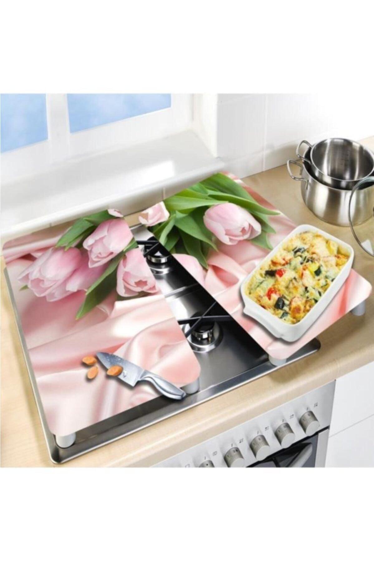 Decorative Glass Stove Protector And Cutting Board Pink Roses 2 60cm X 52cm 2 Pieces, 4 Cookers - Swordslife