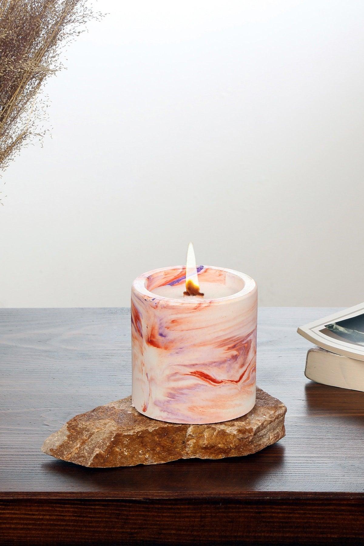 Decorative Orange-purple Marble Look Scented Concrete Candle , Soy Wax Bamboo Wick - Swordslife