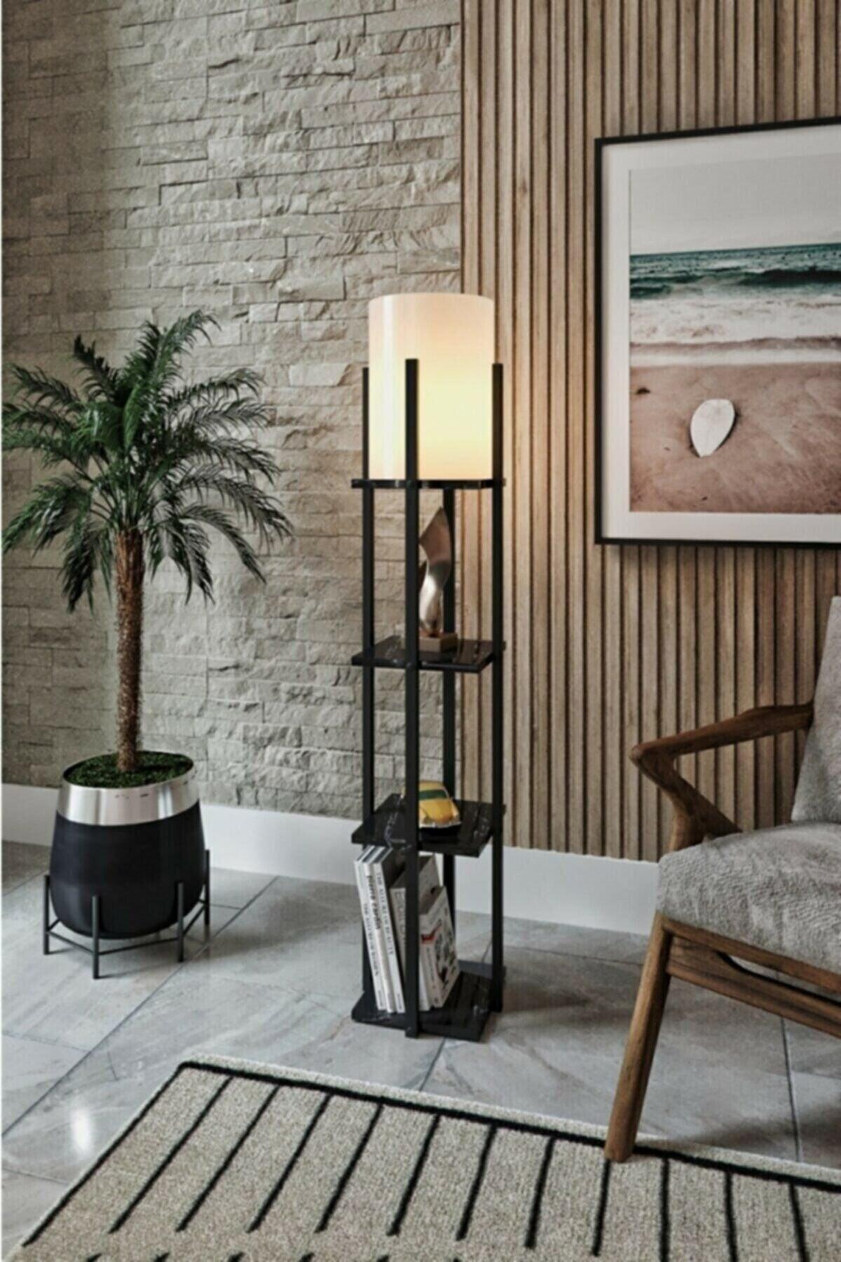 Black Marble Pattern Floor Lamp With Decorative Shelf - Swordslife