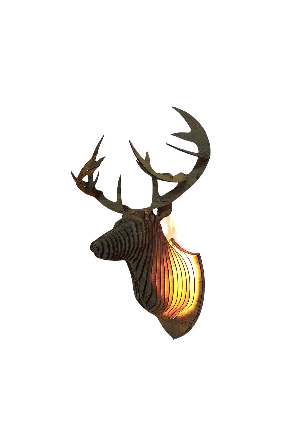 Deer Deer Head Designed Natural Ahşap Rustic Salon Applique Wanddekor (Ampul Inklusive) - Swordslife