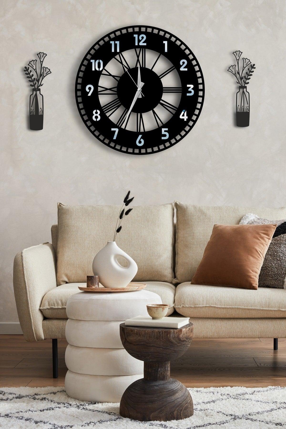 Decorative Silver Mirrored Wall Clock + Vase Painting - Swordslife
