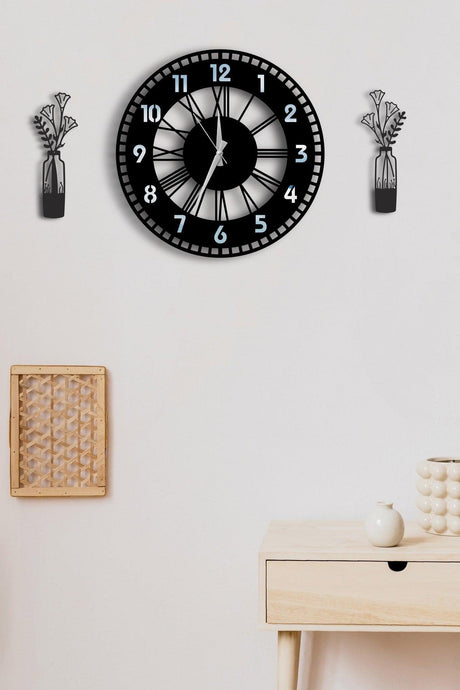 Decorative Silver Mirrored Wall Clock + Vase Painting - Swordslife