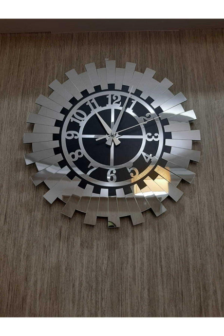 Decorative Silver Sun Wall Clock Modern Turkish Numeral Mdf Mirrored Plexi 50x50 Cm - Swordslife