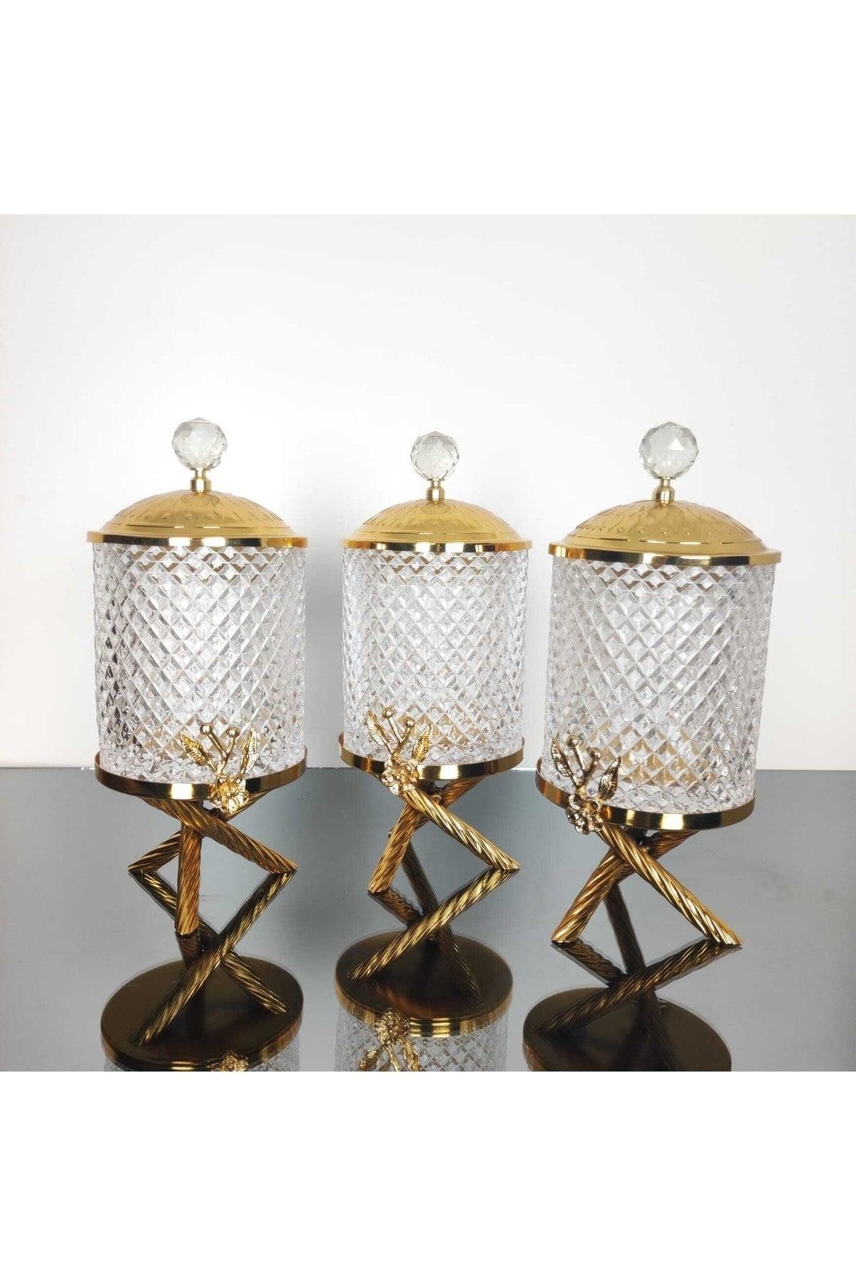 Deren Large Size Gold Triple Crystal Spice Set , Metal Cross Three Legs Counter Top Jar Set - Swordslife