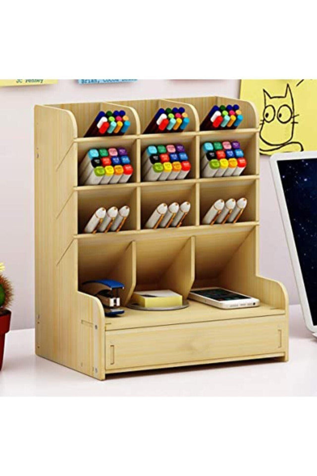 Desktop Pen Holder with 9 Compartments and Drawer