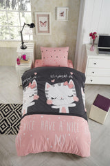 Natural Healthy Cotton Cat Patterned Pink-black Single Child Duvet Cover Set - Swordslife