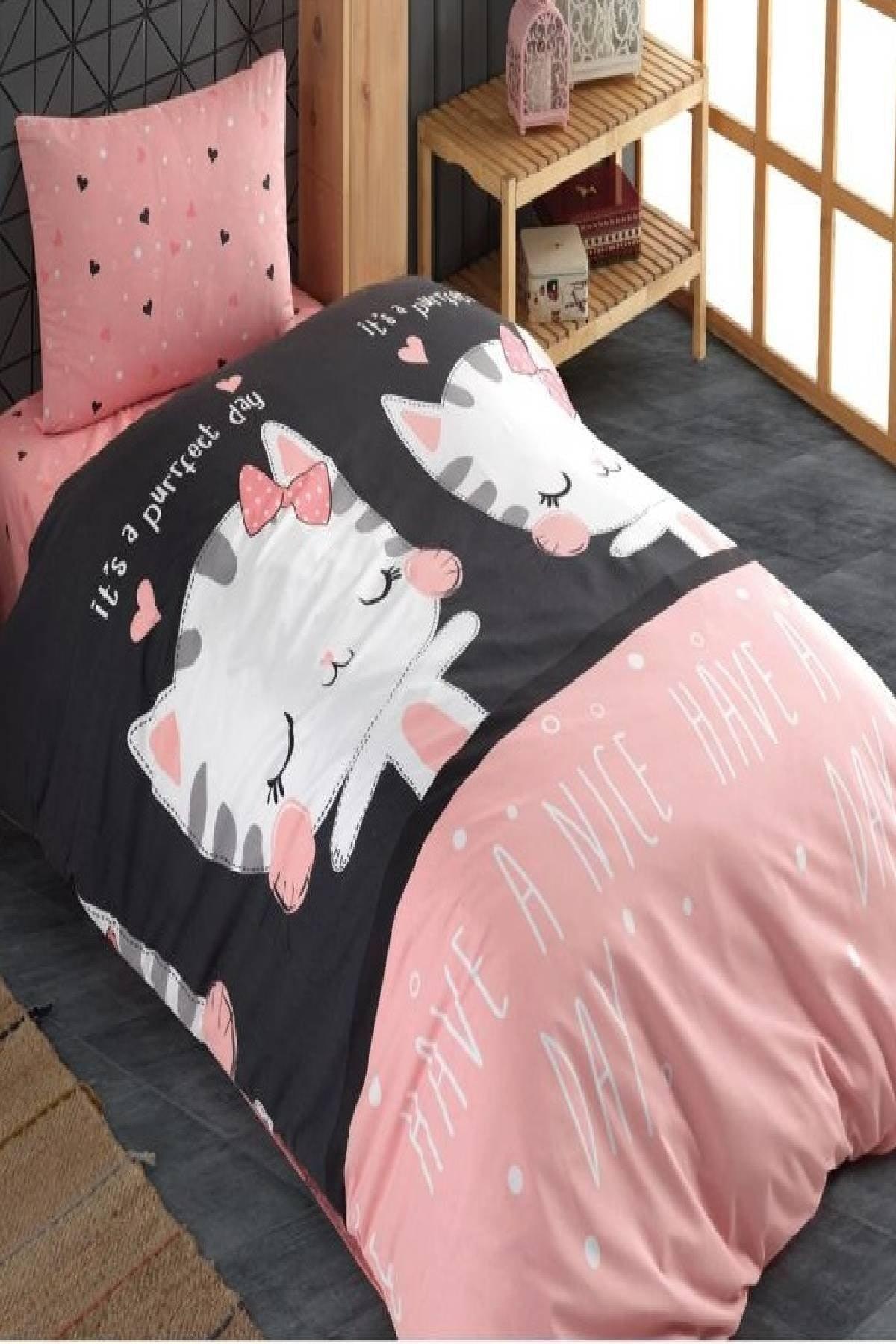 Natural Healthy Cotton Cat Patterned Pink-black Single Child Duvet Cover Set - Swordslife