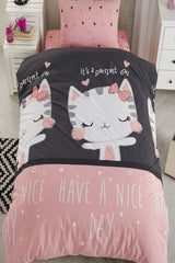 Natural Healthy Cotton Cat Black-Pink Single Child Duvet Cover Set - Swordslife