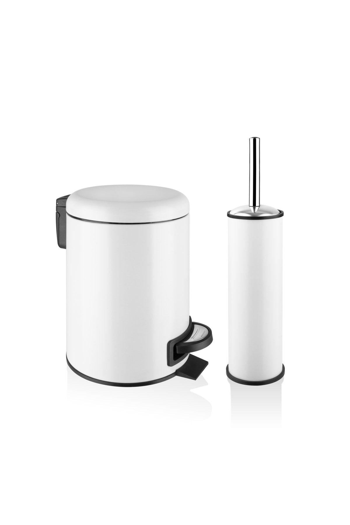 Double Bathroom Set - White (3lt Trash Can + Toilet Brush) - Swordslife