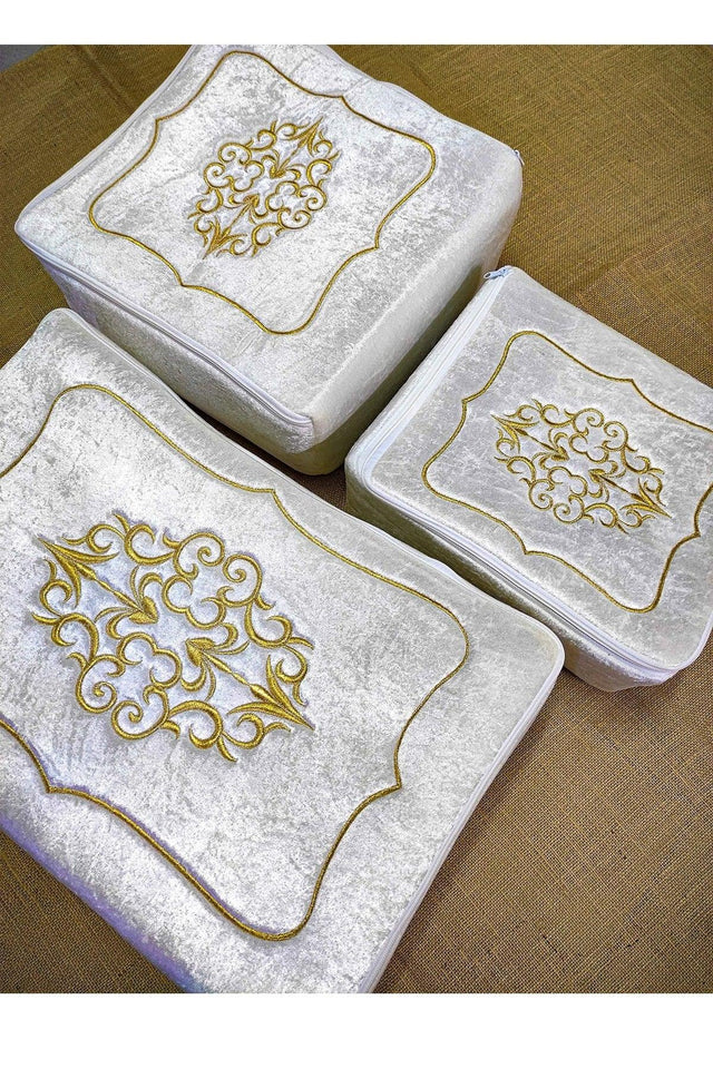 Dowry Gold Embroidered Velvet Engagement Hurcu Triple Engagement Bridal Bag, Bundle Bridal Bag Set - Cream - Swordslife