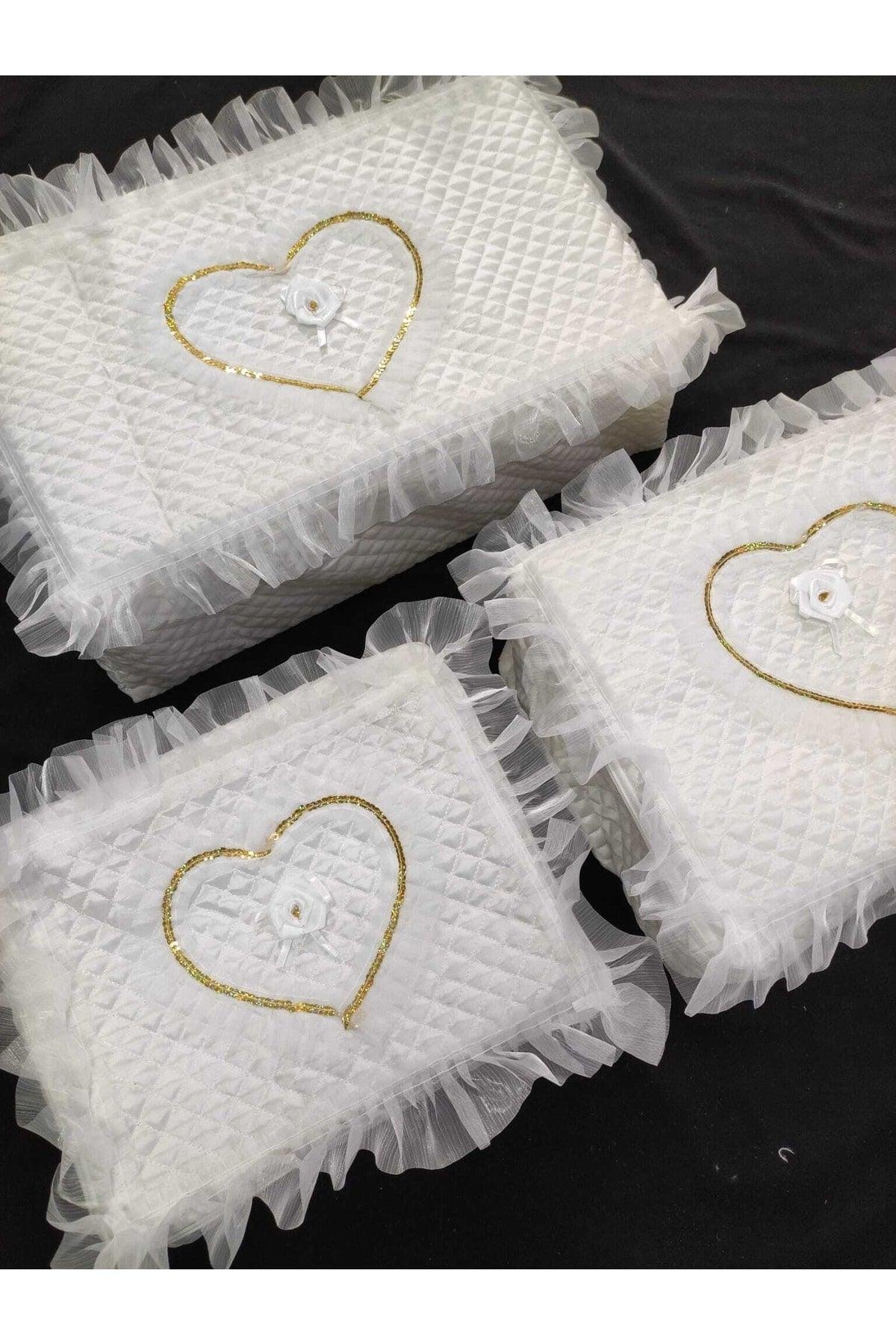 Dowry Satin Heart Embroidered Cream 3 Pack, Engagement Bride Groom Hurcu 3 Pack - Swordslife