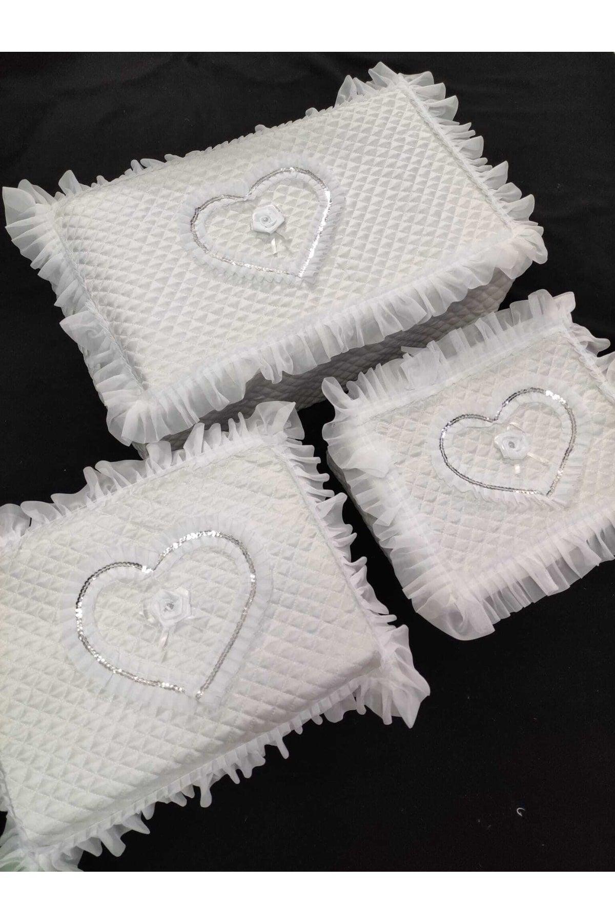 Dowry Satin Heart Embroidered White 3 Pack, Engagement Bride Groom Hurcu 3 Pack - Swordslife