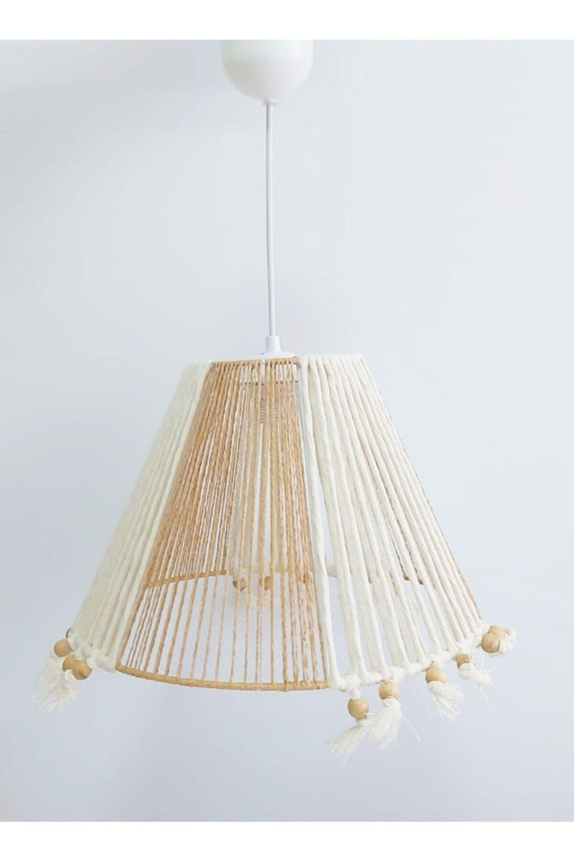 Ecru Macrame Thread And Paper Thread Wrapped Wooden Beaded Pendant Lamp Chandelier - Swordslife