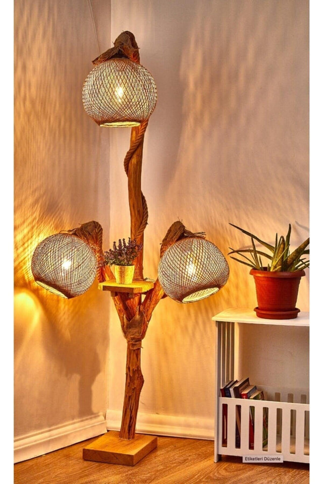 Egehome Wooden Floor Lamp Three Headed Halicarnassus Series Natural Wood Wooden Floor Lamp - Swordslife