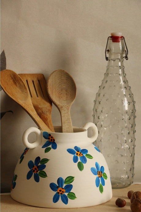 Handmade Blue Daisy Patterned Decorative Handled Ceramic Vase & Ceramic Cutlery - Swordslife