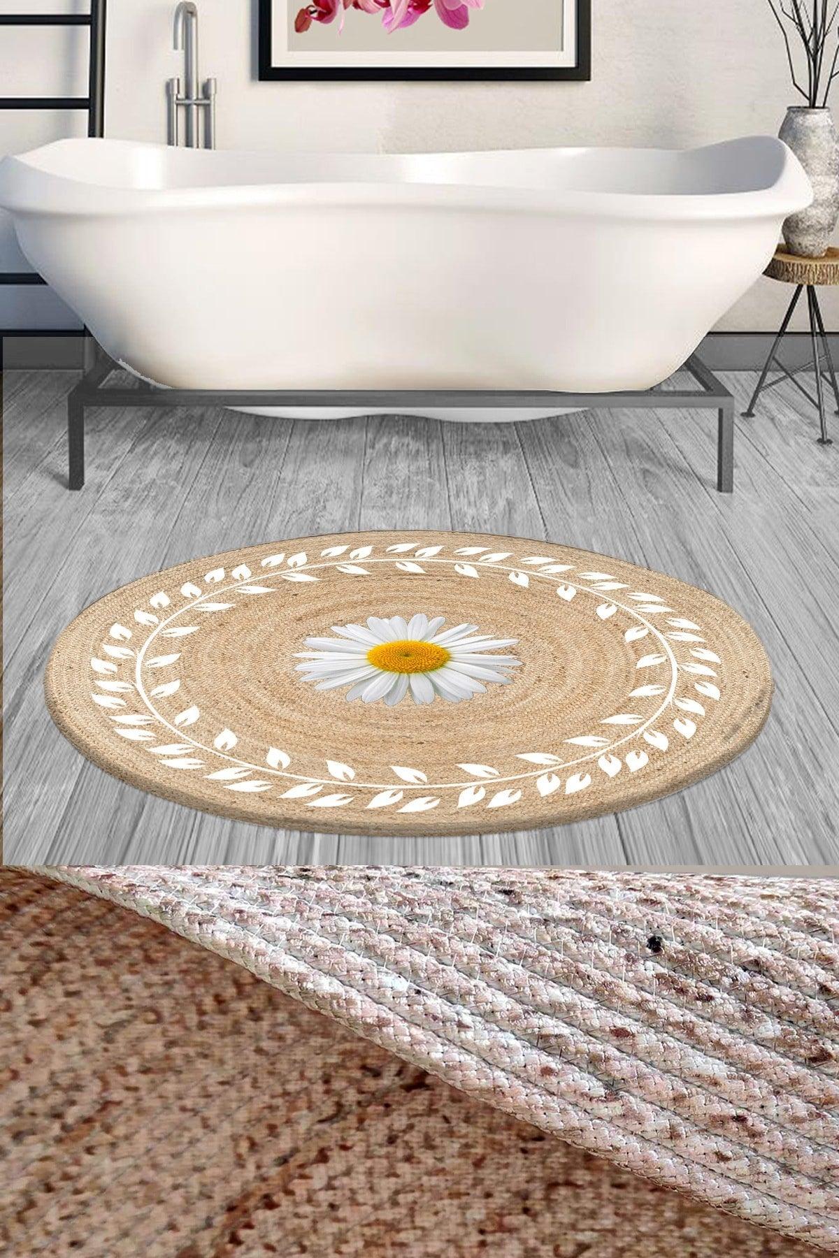 Else Decor Floral Patterned Rope Straw Jute Knit Round Shower Front Bath Mat 120x120cm - Swordslife