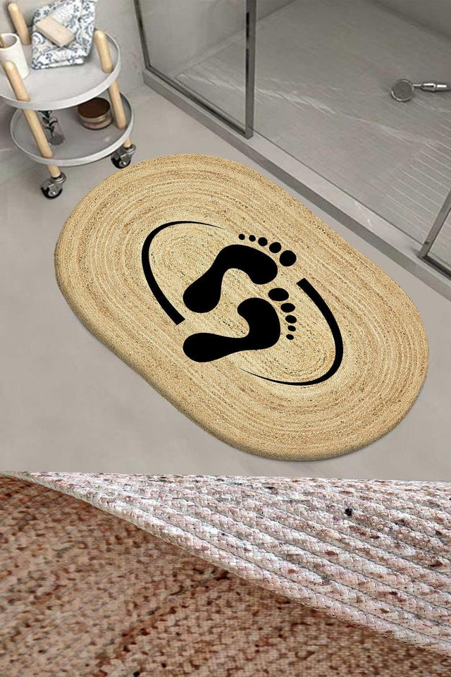 Else Footprint Patterned Rope Straw Jute Knit Oval Bathroom Rug Toilet Seat Shower Front Mat - Swordslife