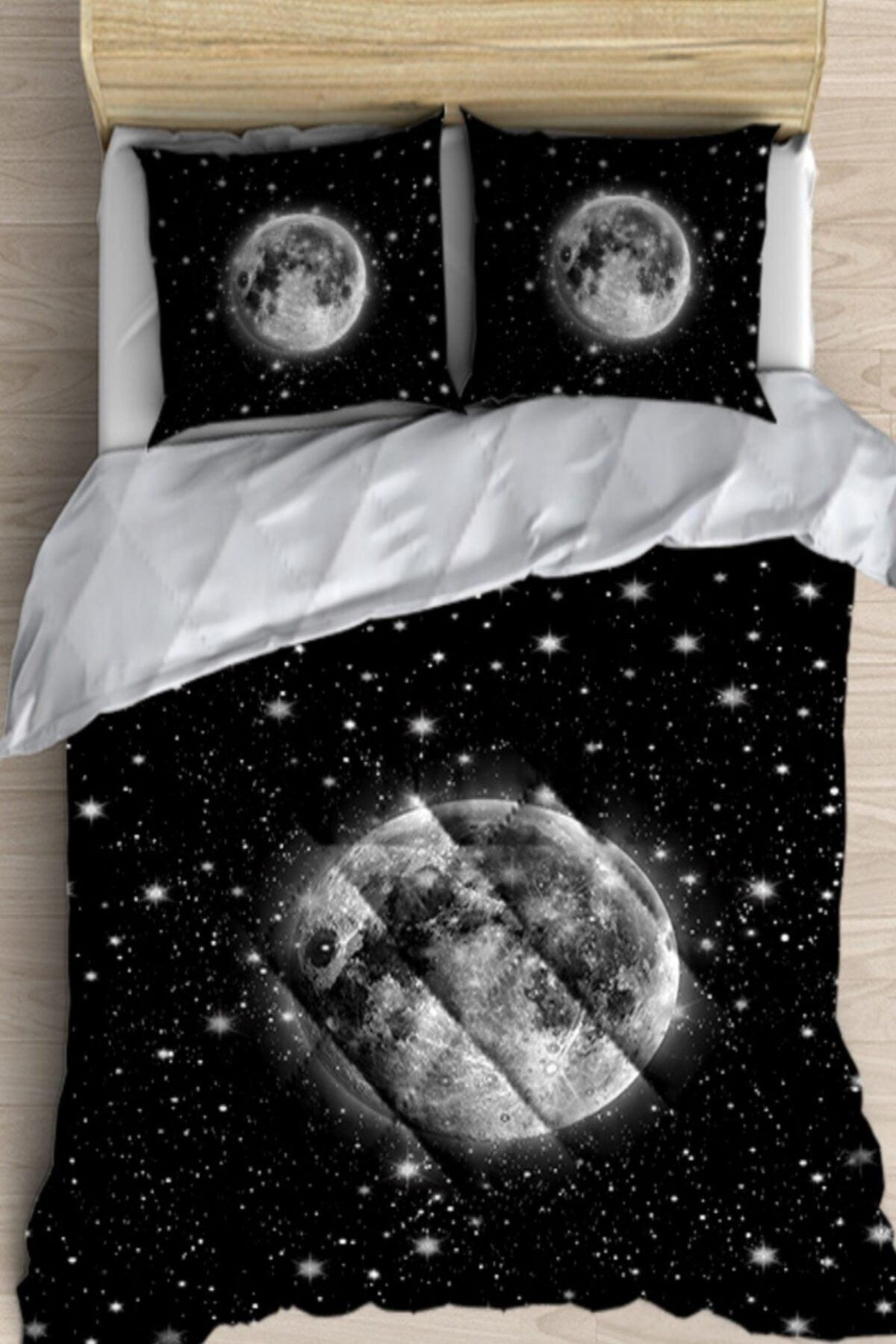 Else Black White Space Moon Stars 3d Patterned Double Microfiber Duvet Sleeping Set - Swordslife