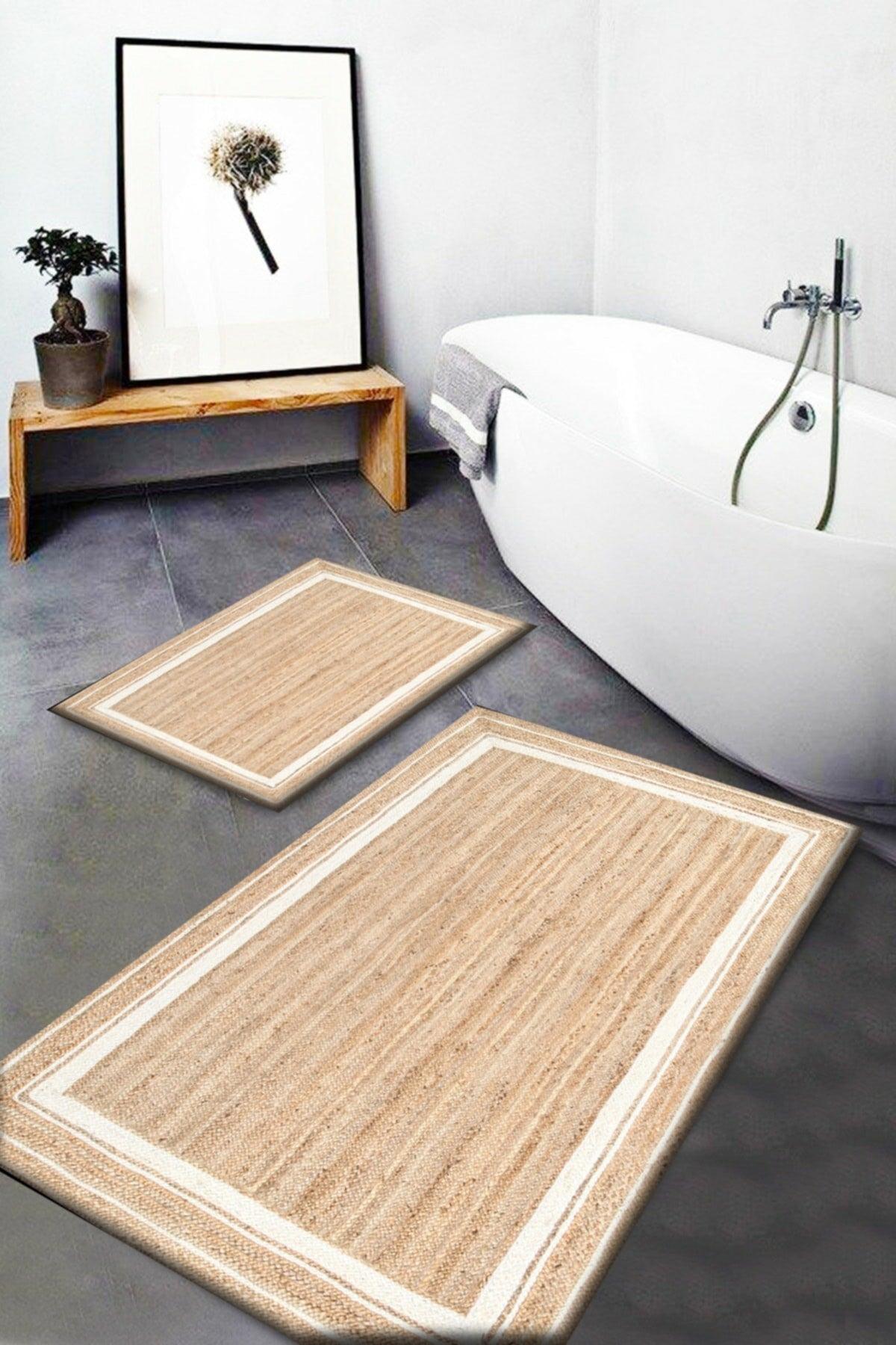 Else Wicker Sisal Jute Patterned Washable Non-Slip Base 2 Pieces Bathroom Carpet Doormat Closet Set Jtsbny-10 - Swordslife