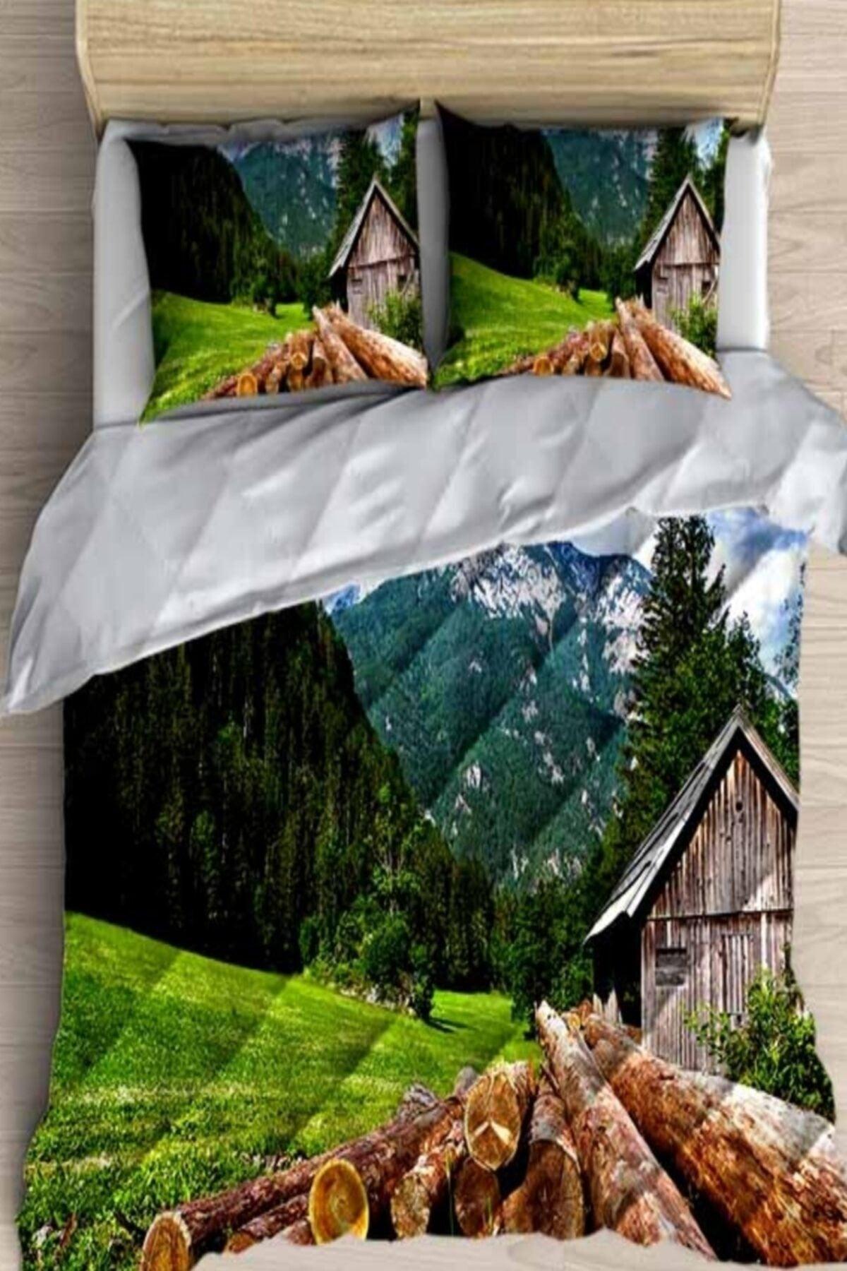 Else Green Forest Chalet 3d Patterned Double Microfiber Duvet Sleeping Set - Swordslife