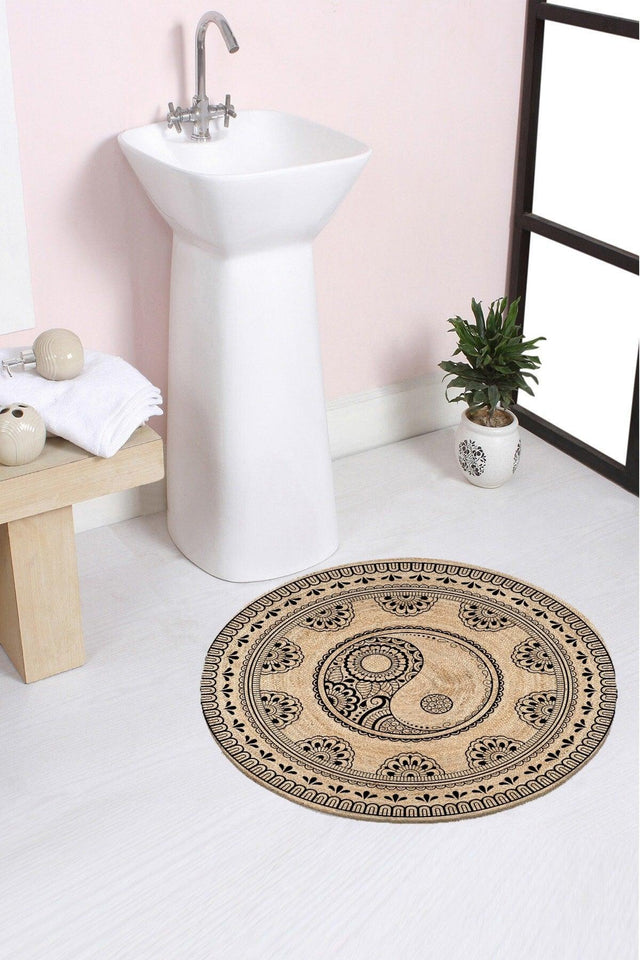 Else Ying Yang Patterned Rope Straw Jute Knit Round Carpet Bath Mat 80x80cm - Swordslife