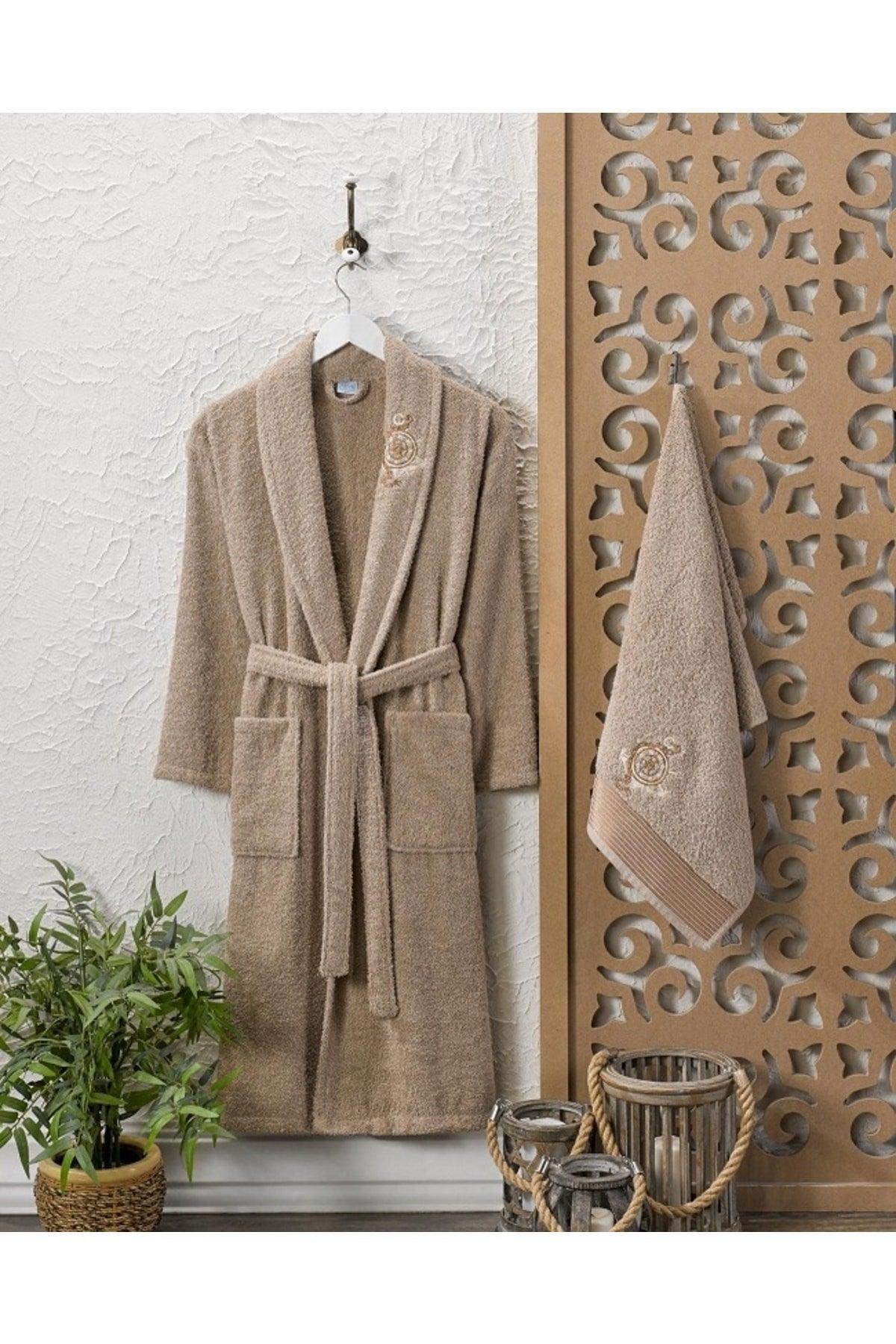 Embroidered Cotton 2 Piece Bathrobe Set Brown - Swordslife