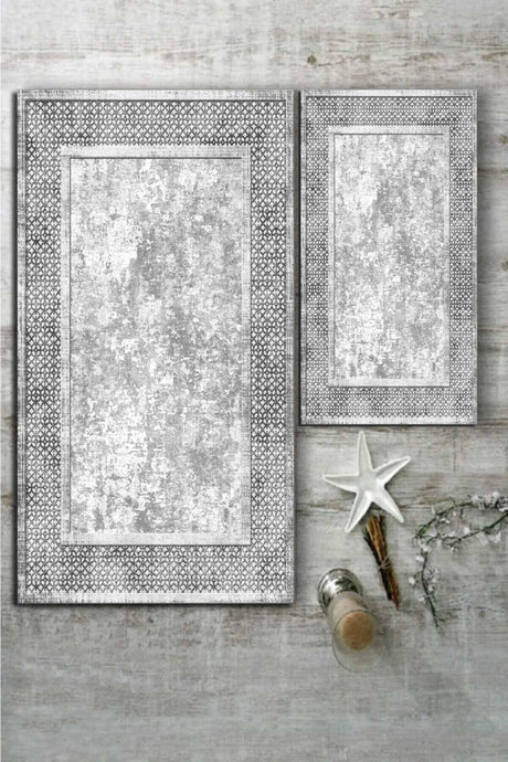 Ethnic Patterned Gray 2 Piece Carpet Set