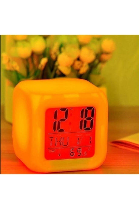 Home Office Desk Clock 7 Color Changing Digital Cube Alarm Clock Night Light Calendar - Swordslife