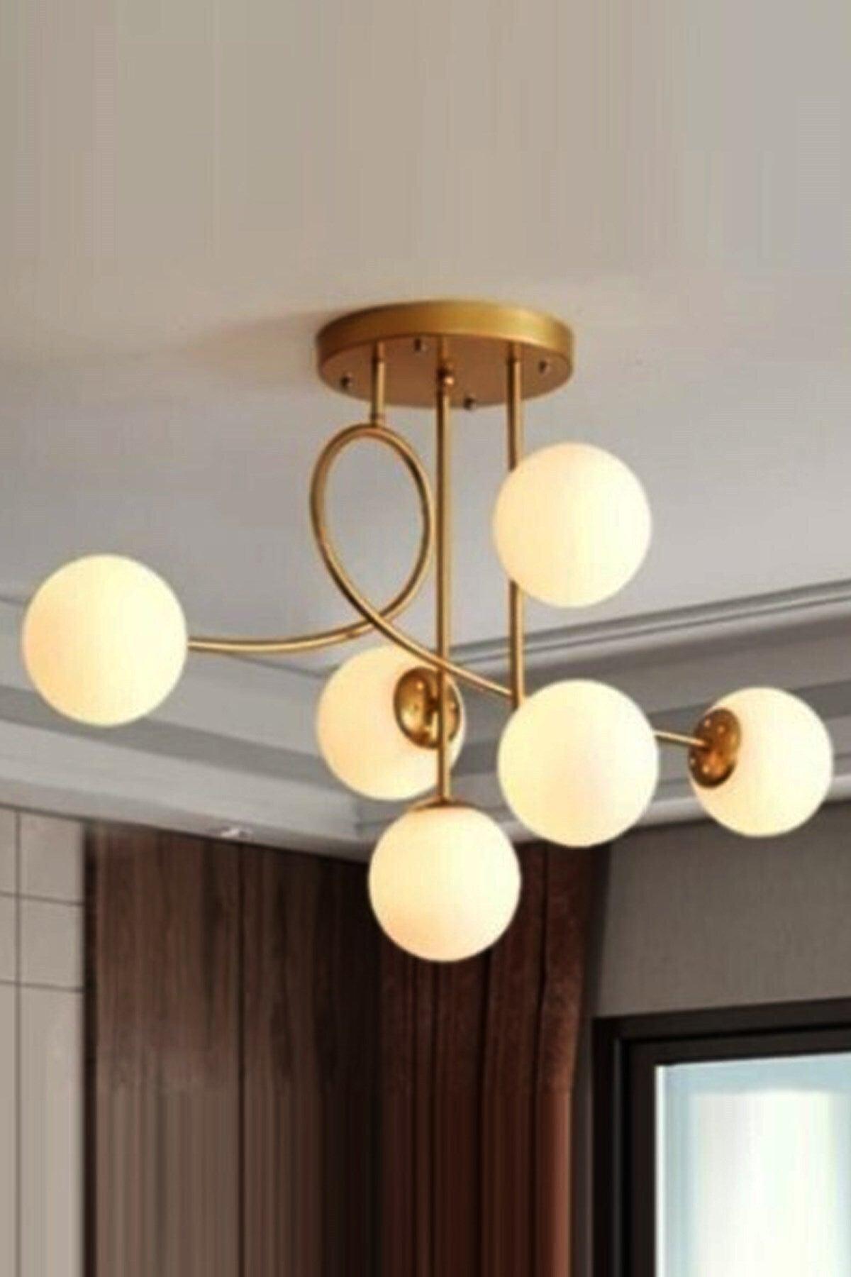 Evan 6 Gold White Glass Plafonyer Chandelier - Swordslife