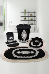 Exclusive Black 6 Pcs Lacy Bathroom Dirty Laundry Basket Set Bath Mat Set - Swordslife