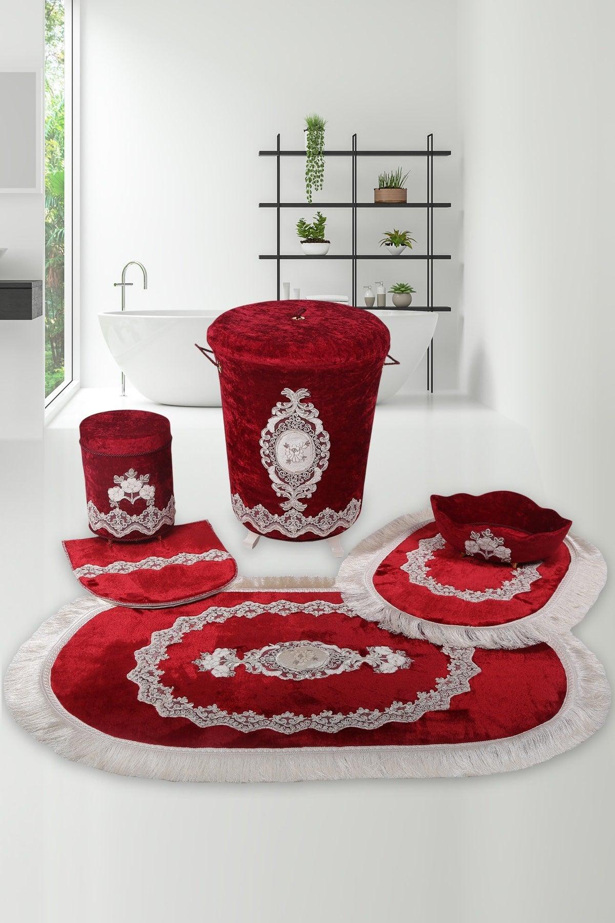 Exclusive Claret Red 6 Pcs Lacy Bathroom Dirty Laundry Basket Set + Bath Mat Set - Swordslife