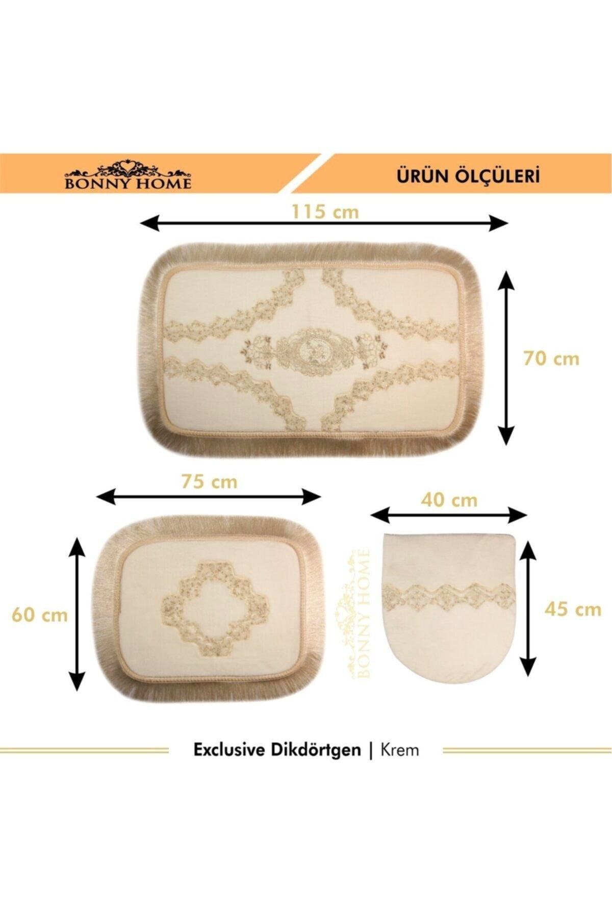 Exclusive Cornered Cream Tasseled 3 Piece Closet Set Dowry Bathroom Carpet Mat Set - Swordslife