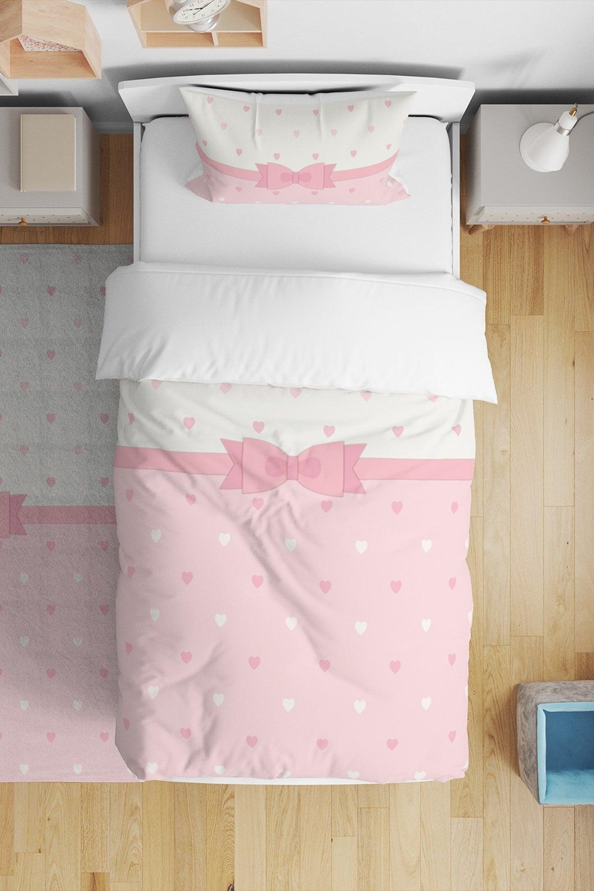 Tiny Hearts with Bow Pink White Color Single Child Duvet Cover Set - Swordslife