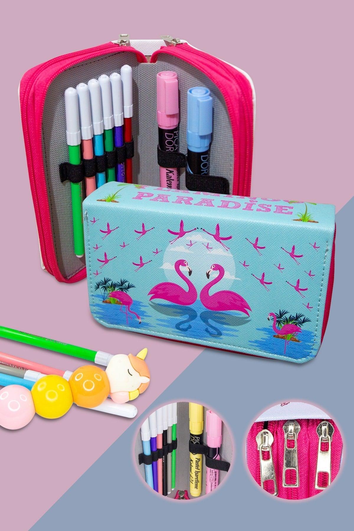 Flamingo Paradise Three Compartment Pencil Case