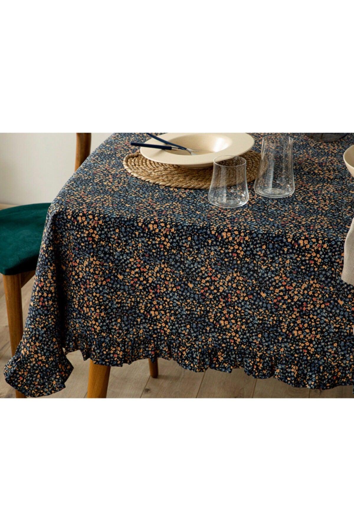 Florals Polycotton Frilly Table Cloth 150x220 Cm Navy Blue - Swordslife