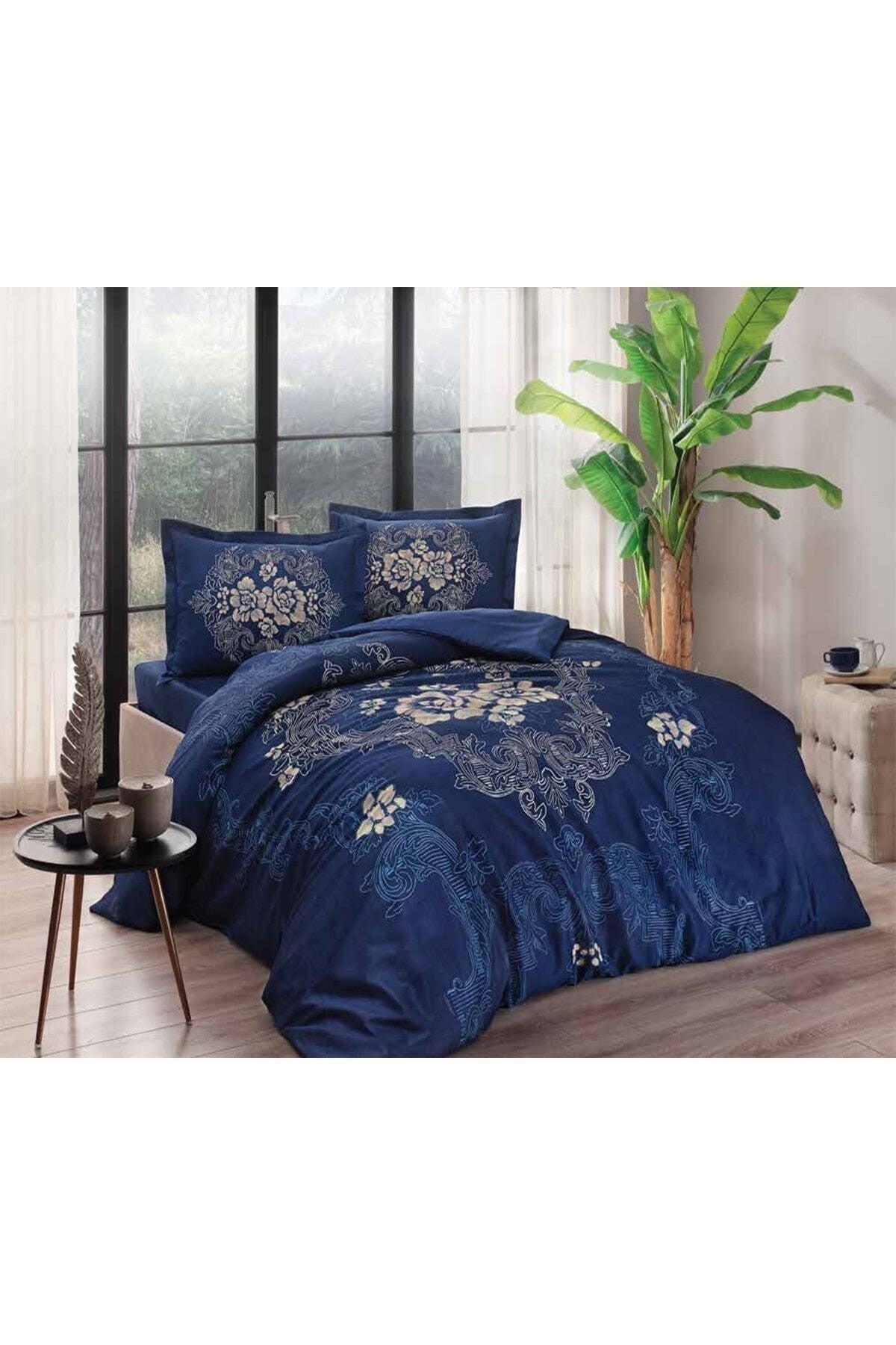 Florian Navy Blue Double Cotton Satin Duvet Cover Set - Swordslife