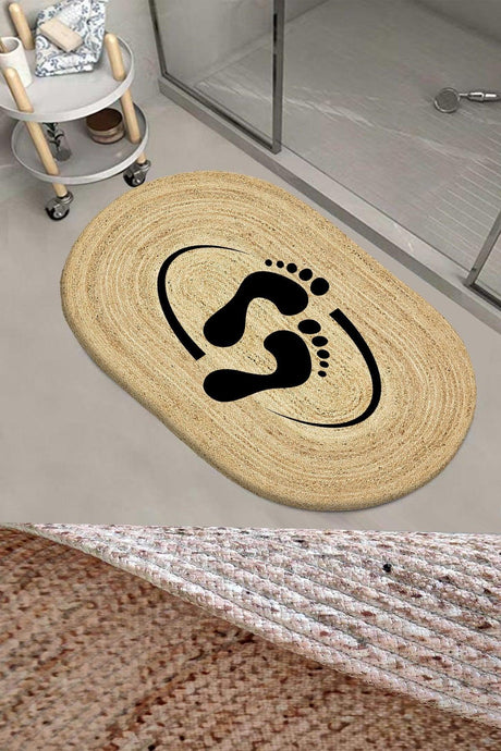 Footprint Patterned Rope Straw Jute Knit Oval Bathroom Rug Toilet Bowl Shower Front Mat - Swordslife