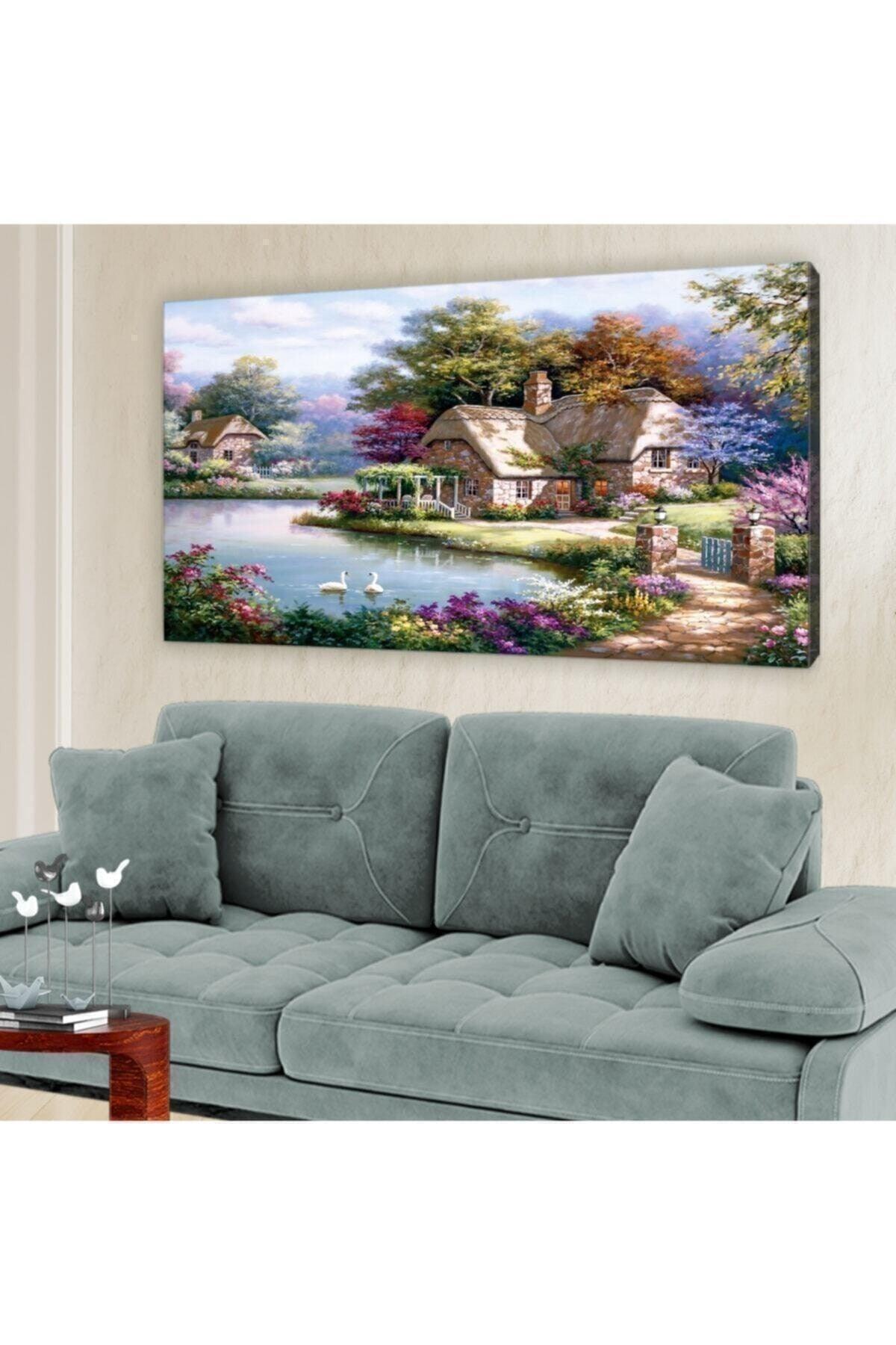 Forest Houses Pond Canvas Painting - Swordslife